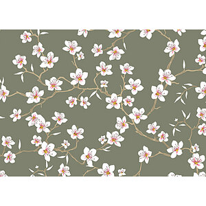 Tissu 100% coton fleurs d'amandier sur fond SAUGE 150 cm de large