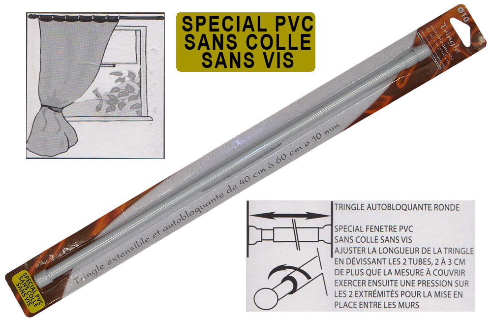 Tringle à vitrage extensible blanche spéciale PVC Ni colle ni vis
